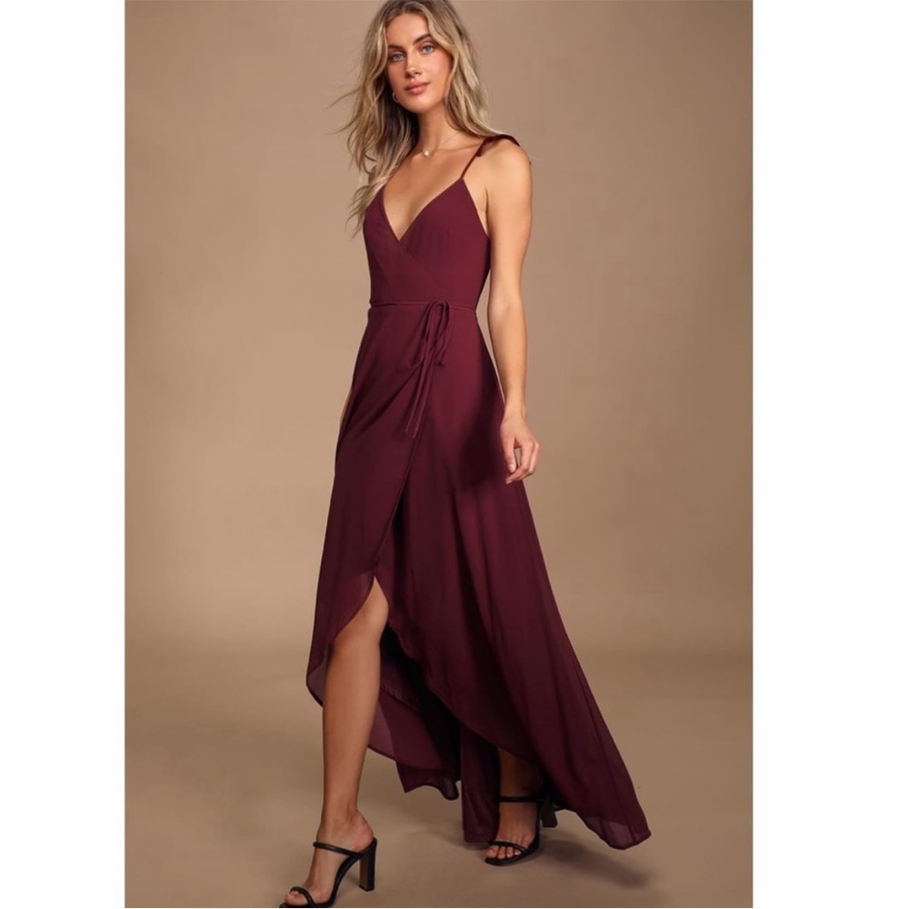 Lulu’s Here’s To Us Burgundy High Low Wrap Dress Ruffle Sleeve Chiffon Red